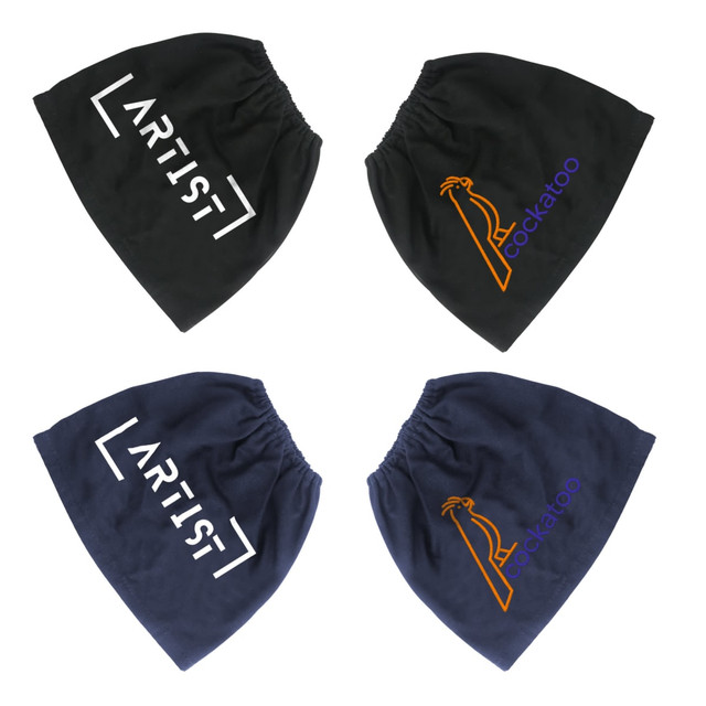 Boot covers in black and navy, featuring logos in white and orange, designed for footwear protection.