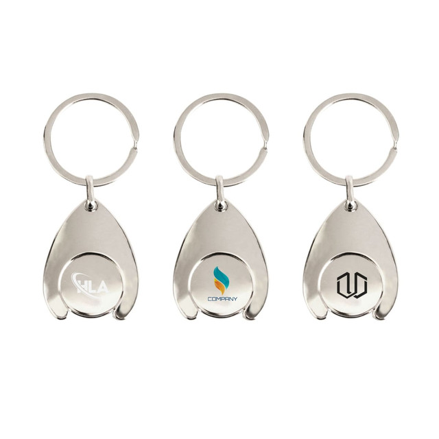 A silver teardrop-shaped trolley coin keyring with a metal keyring attachment, featuring spaces for logos.