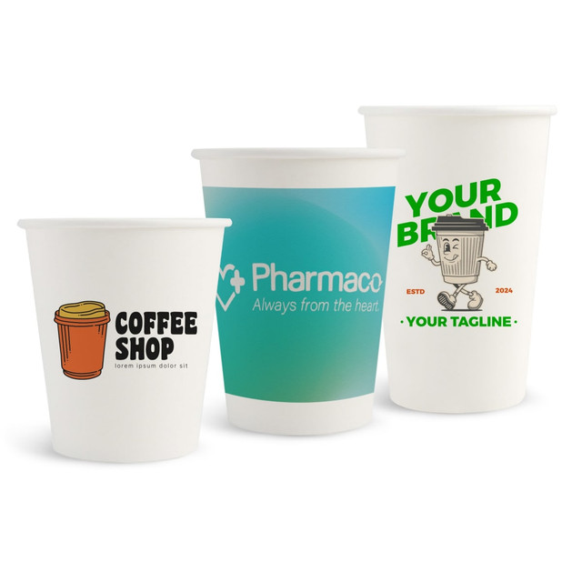 Three compostable paper cups in white, featuring various designs and logos, including a coffee cup illustration and branding elements.