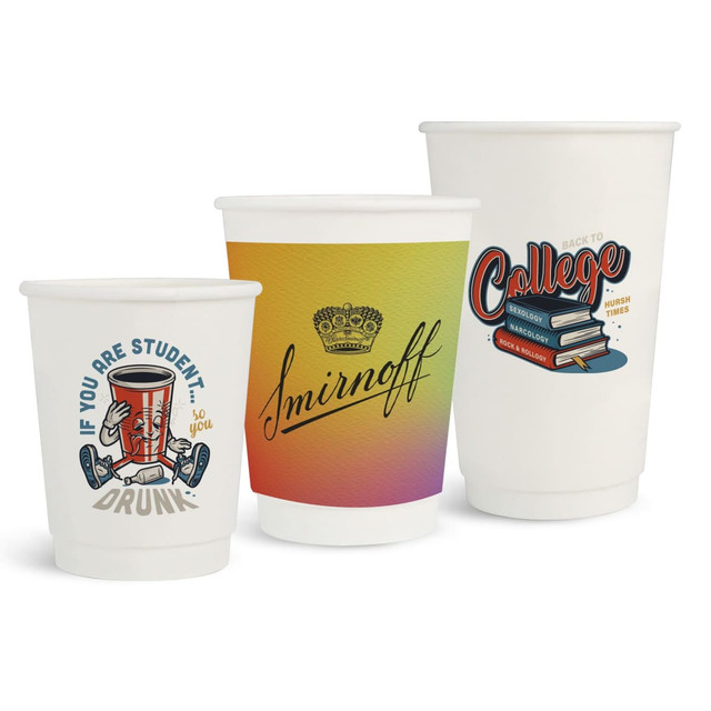 Three PLA double wall compostable paper cups in white featuring colourful designs and logos, with varying sizes and shapes.
