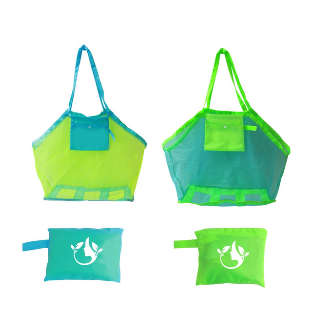 A green and yellow mesh beach toy bag with a small pocket, featuring a branding logo. Includes a compact pouch for storage.