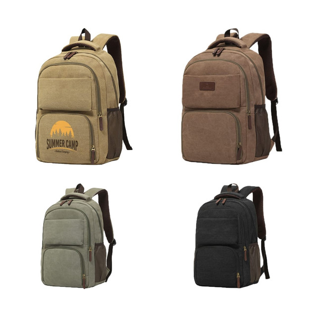 A canvas laptop backpack in khaki, brown, and black, featuring multiple compartments and a small logo.