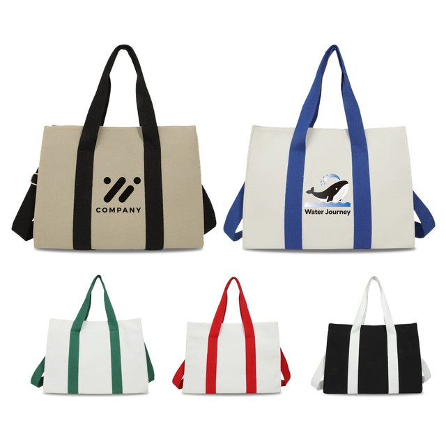 A collection of five canvas grocery shopping bags in beige, white, green, red, and black, each with unique designs and logos.