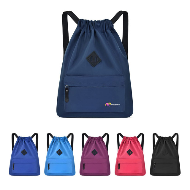 A lightweight drawstring backpack in navy with a logo, featuring additional colours: light blue, purple, pink, and black.