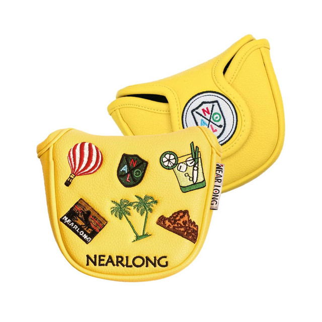 A yellow Custom Mallet Putter Cover with various embroidered designs and a logo.