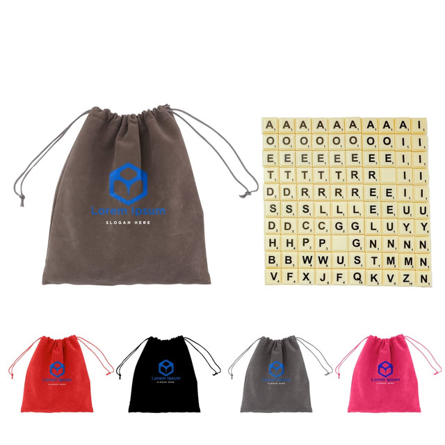 A drawstring bag in grey with a logo, containing wooden alphabet letter tiles in cream and black.