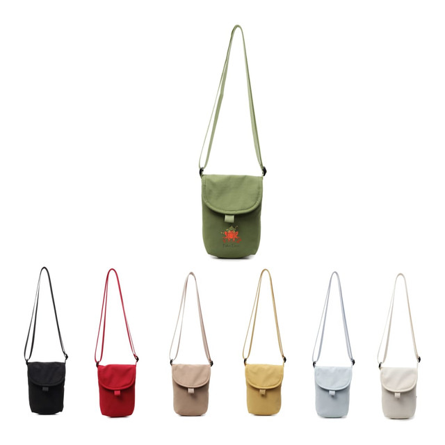 Small size canvas shoulder bags in various colours including olive green, black, red, beige, yellow, and light blue.