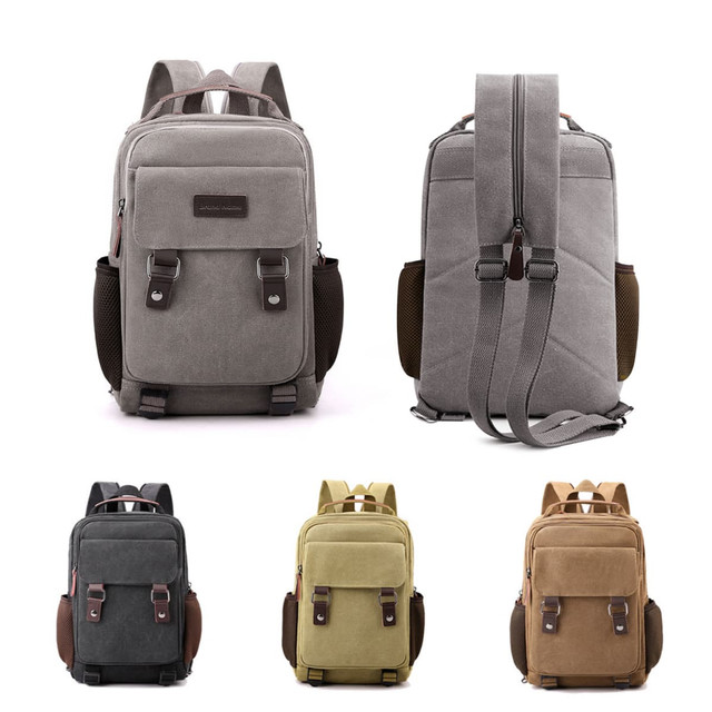 A collection of canvas sling backpacks in grey, black, olive, and brown, featuring a logo and adjustable straps.