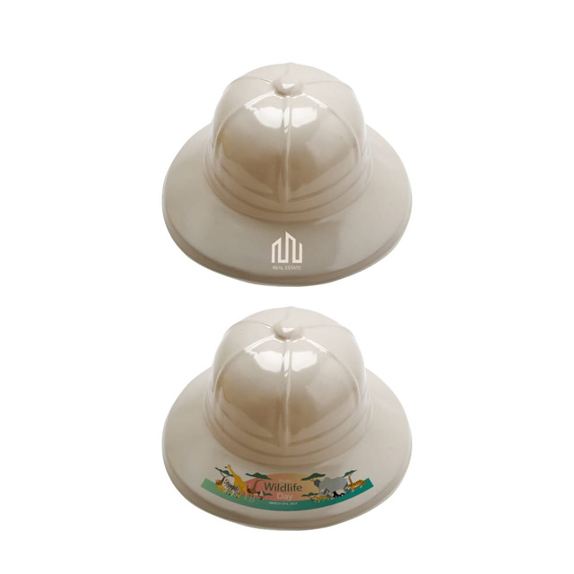 A beige PVC safari hat with a rounded crown and a wide brim, featuring a logo and a decorative band.