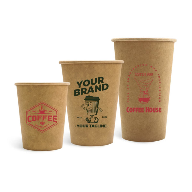 Three brown kraft paper cups in various sizes, featuring logos and designs in red and green.
