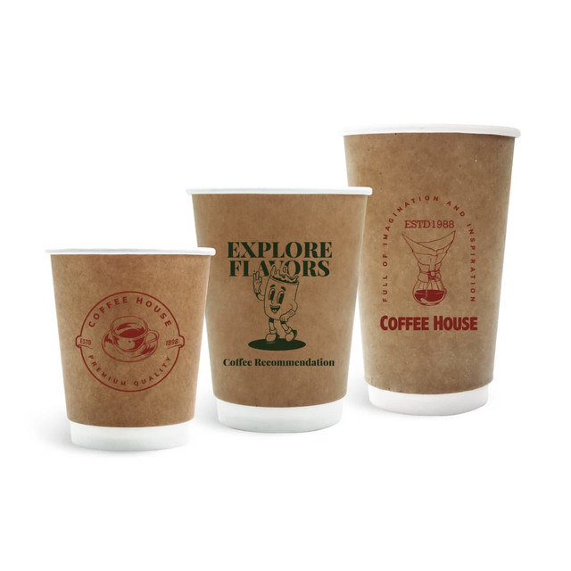 Three custom disposable double wall kraft paper cups in various sizes, featuring brown tones and a logo on each cup.