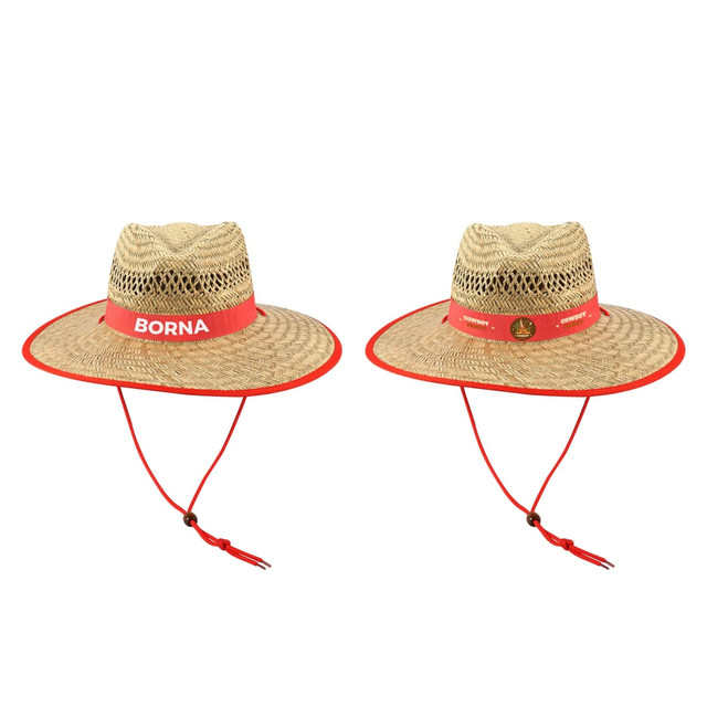 A natural straw hat with a wide red brim and a decorative band featuring a logo.