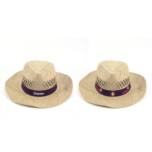 A straw cowboy hat with a wide brim, featuring a purple band and a logo. Light tan colour with woven design.