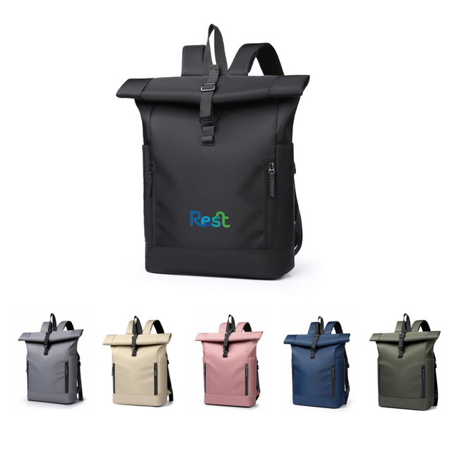 A roll top laptop backpack in black with multiple colour variations below, featuring a logo on the front.