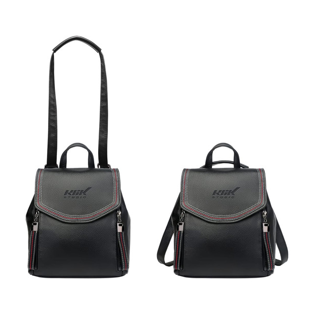 A black convertible leather backpack with adjustable straps and a logo, featuring a front flap and zippered pockets.