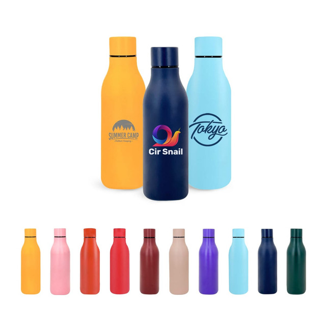 A drink bottle collection featuring various colours, including orange, navy, blue, pink, red, and white, with logos.