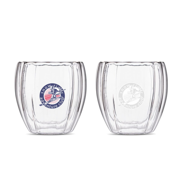 A spiral double wall glass with a clear finish and curved design, featuring a logo on one side.
