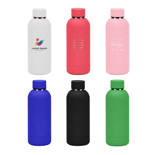 A drink bottle set featuring six insulated bottles in white, pink, red, blue, black, and green, each with a logo.