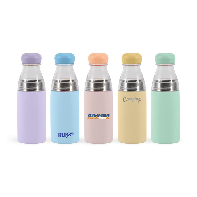 A drink bottle collection featuring pastel colours: lavender, light blue, pink, yellow, and mint green, with stainless steel accents.