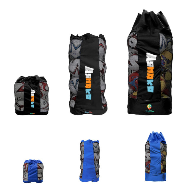 A drawstring mesh ball bag in black, featuring a colourful design, available in various sizes. Includes logo branding.