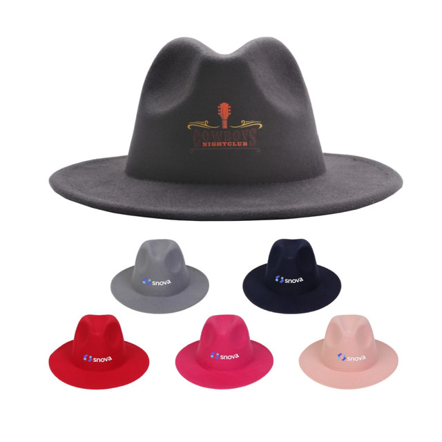 A felt wide brim fedora hat collection in various colours including grey, navy, pink, and light pink, with logos.