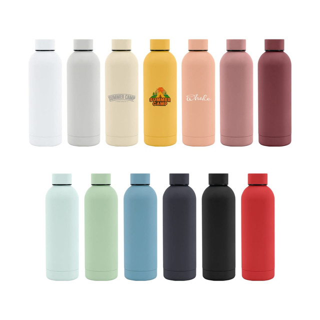 A drink bottle collection in various colours including white, cream, pink, green, blue, black, and red, featuring logos.