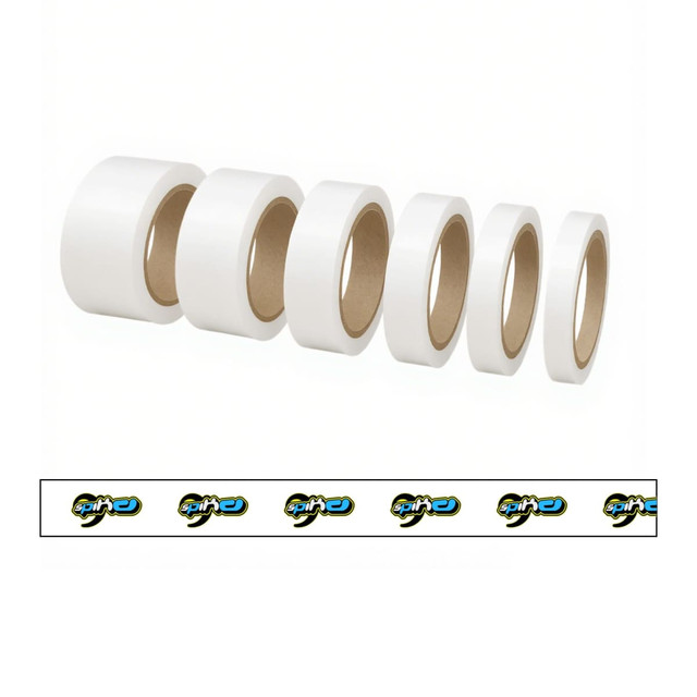 A set of white BOPP packaging tape rolls of varying widths, featuring a logo on the packaging.