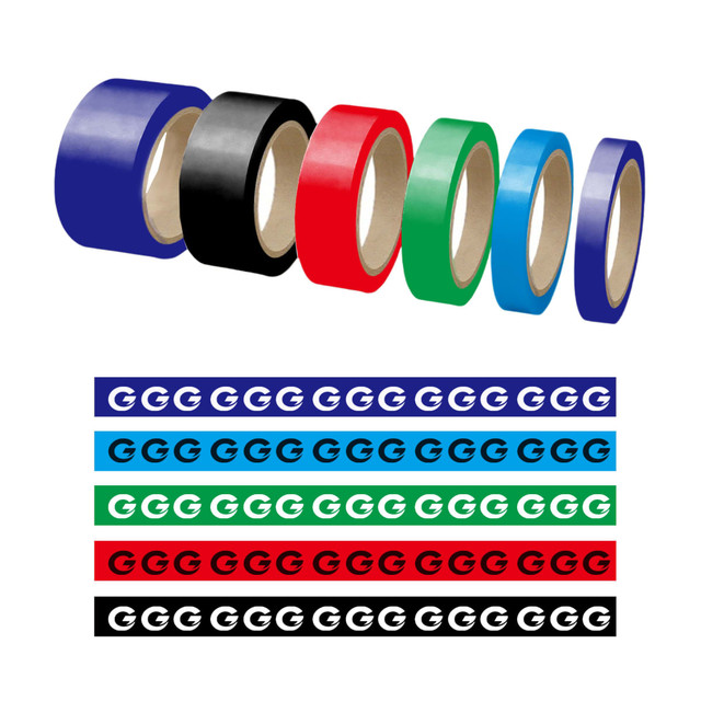 A selection of rolls of BOPP packaging tape in black, red, green, and blue, alongside patterned tape in various colours.