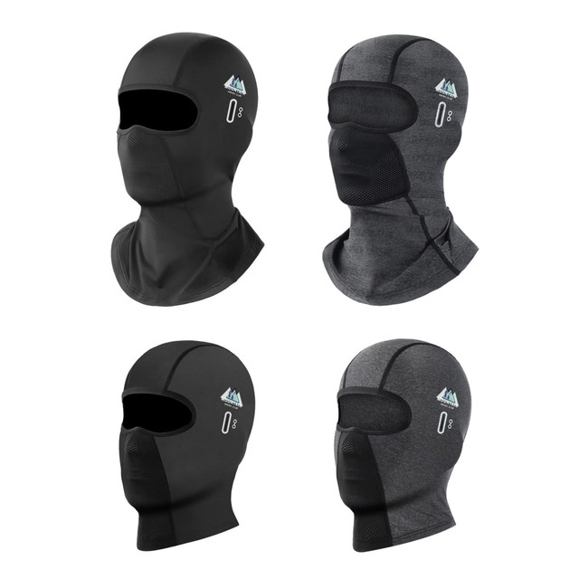 Four breathable balaclava cycling face masks in black and grey, featuring a logo on each.