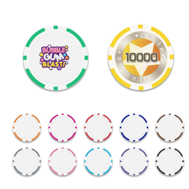 A set of colourful poker chips, including pink, purple, blue, green, and yellow, with one featuring a logo and a value of 10,000.