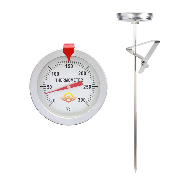 A stainless steel deep fry thermometer with a red indicator, featuring a dial and a metal probe attachment.