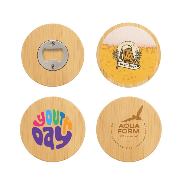 A round bamboo bottle opener coaster featuring natural wood tones and various printed designs.