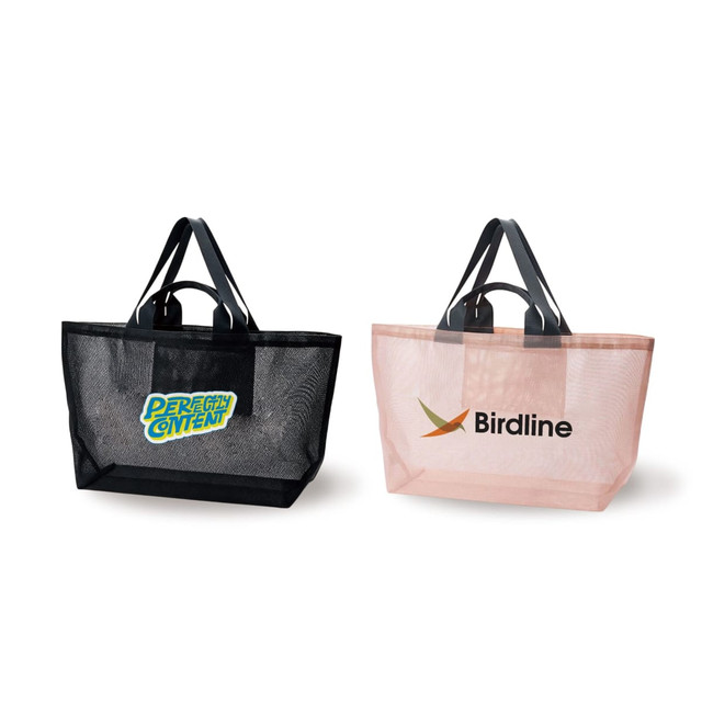 Two large mesh tote bags are displayed; one in black with a logo and the other in pink with a different logo.