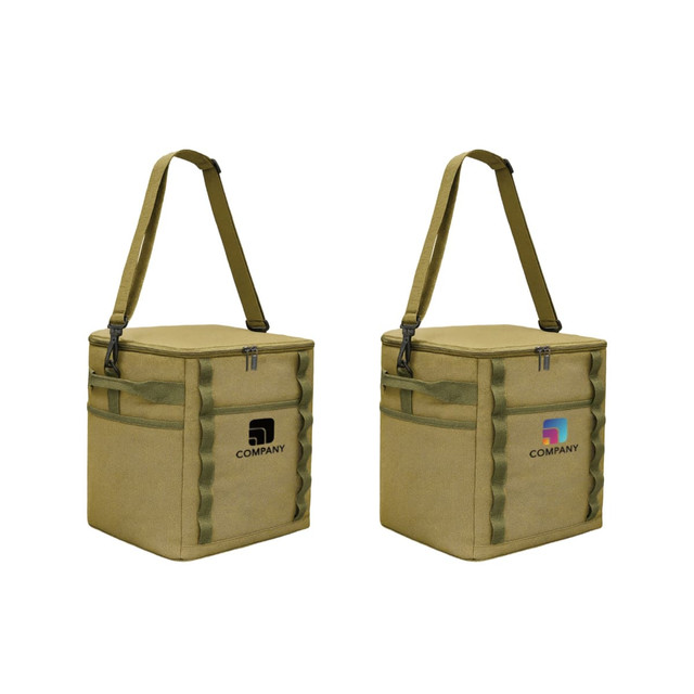 A foldable insulated cooler bag in olive green with adjustable straps and two different logos on each side.