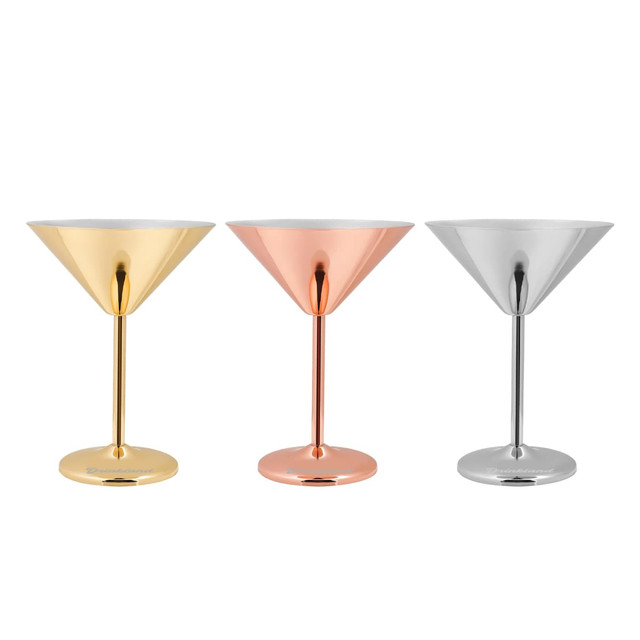 A set of three stainless steel martini goblets in gold, rose gold, and silver with a sleek design and a base.