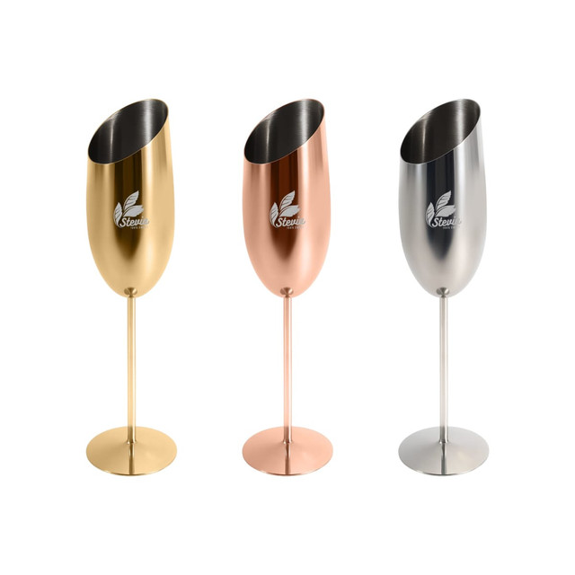 Three stainless steel slanted champagne flutes in gold, rose gold, and silver, each featuring a logo.