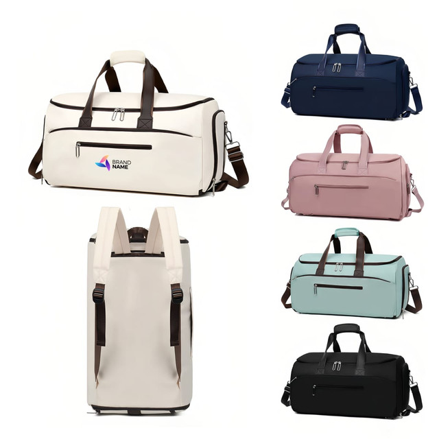 A collection of convertible backpack duffel garment bags in various colours: cream, navy, pink, mint, and black. Each has a logo.