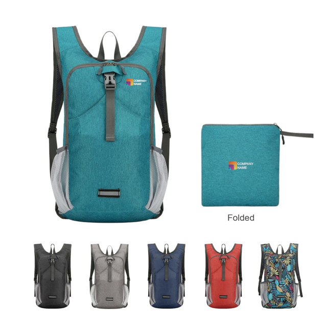 A large packable camping backpack in teal, folded next to a matching pouch. Available in several additional colours.