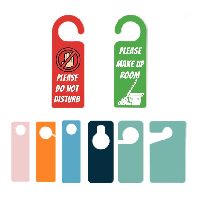 A collection of custom shape acrylic door hangers in various colours, featuring different designs and a logo.