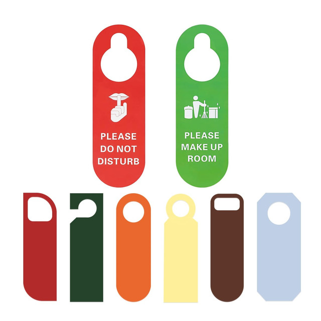 Custom shape PVC door hangers in various colours including red, green, yellow, orange, brown, dark green, and light blue.