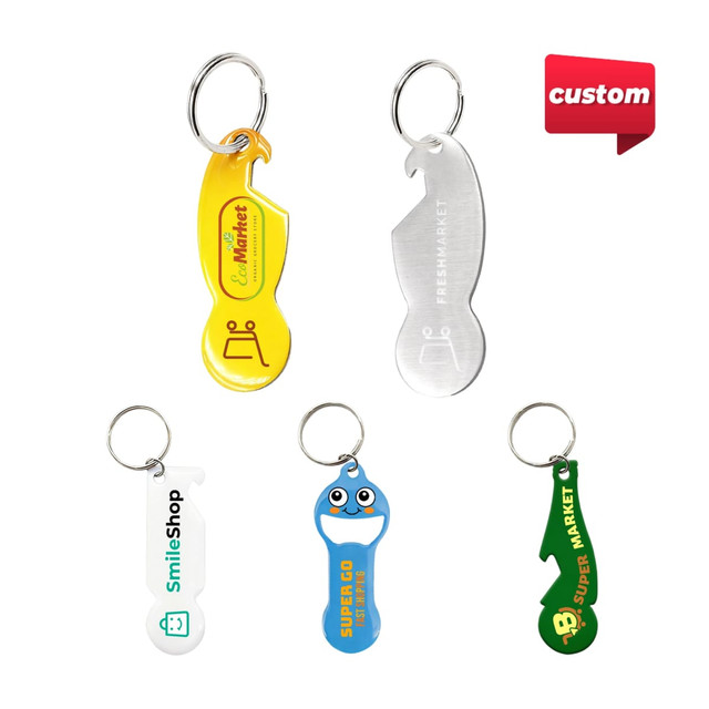 Five custom-shaped trolley coin keyring bottle openers in various colours, including yellow, blue, green, and silver.