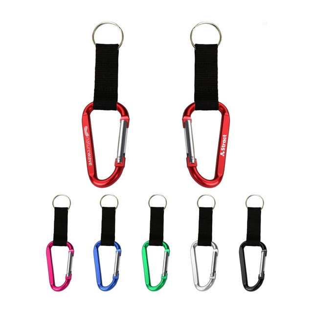 A collection of carabiner keychains in red, pink, blue, green, silver, and black, featuring a fabric strap and a logo.