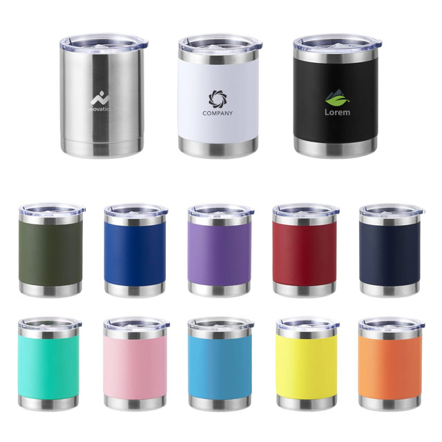 A collection of 350ML stainless steel double wall travel mugs in various colours, featuring different logos.
