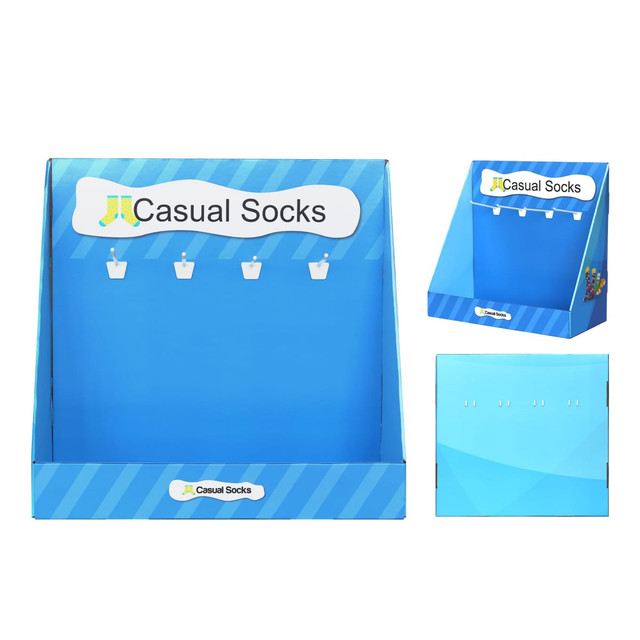 A blue corrugated cardboard counter display featuring hooks and a branding logo for casual socks.