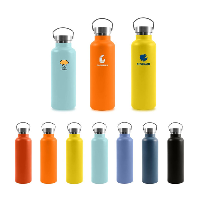 A drink bottle collection featuring 500ML/720ML insulated designs in blue, orange, yellow, and black, with various logos.
