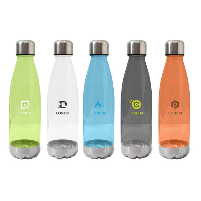A drink bottle collection featuring five BPA-free Tritan bottles in green, blue, grey, orange, and transparent finishes, each with a metal cap.