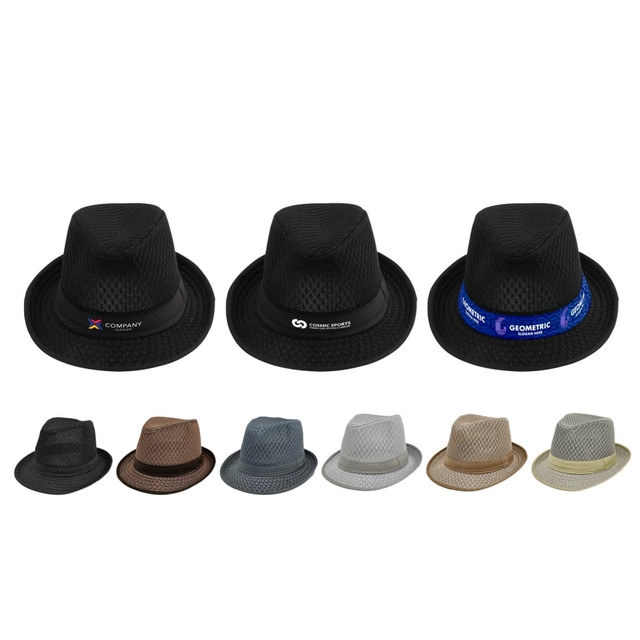 A collection of breathable mesh top hats in various colours, including black, brown, grey, and beige, featuring logos.