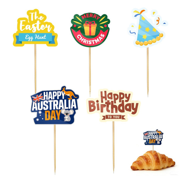 A pack of 100 custom sticker toothpicks featuring colourful designs for various celebrations, including birthdays and holidays.