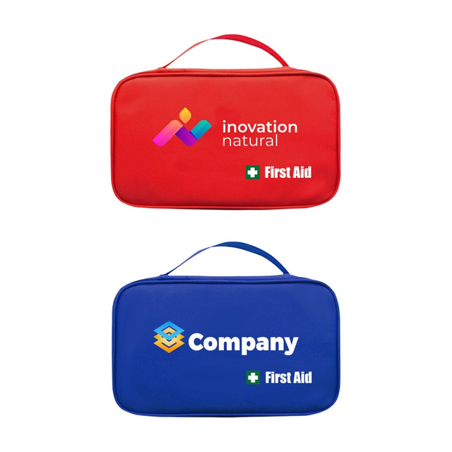 A red and a blue first aid kit bag with handles, both featuring logos and a cross symbol.