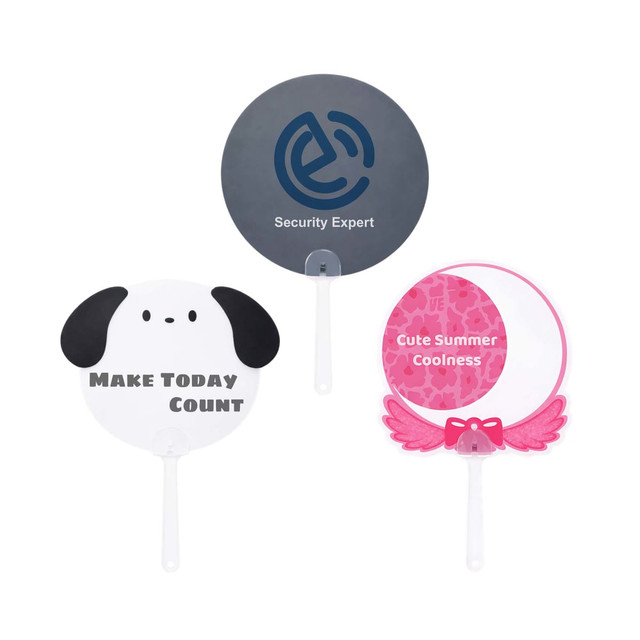 Three custom shape hand fans featuring a grey design, a dog design in white, and a pink design with decorative elements.